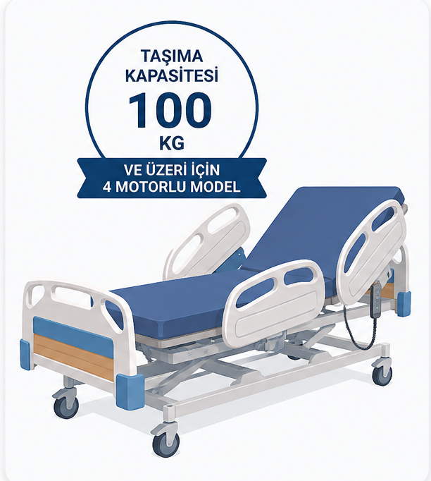 Kiralık hasta yatağı taşıma kapasitesi 100 kg ve üzeri için 4 motorlu hasta yatağı